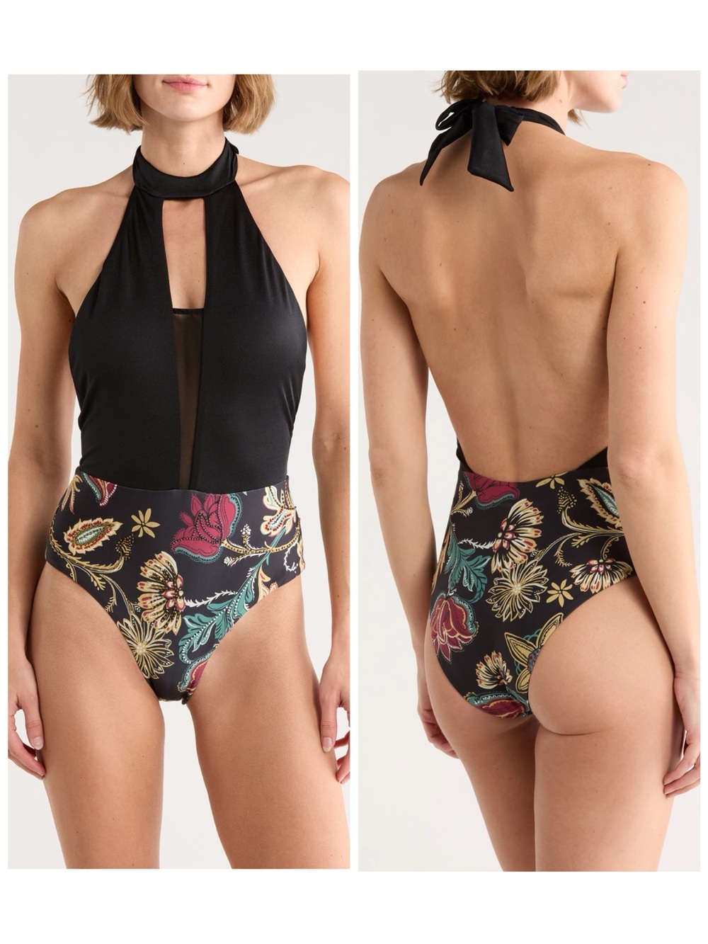 NWT Cosita Linda High Neck One Piece Swimsuit Black Floral Beaded Illusion L